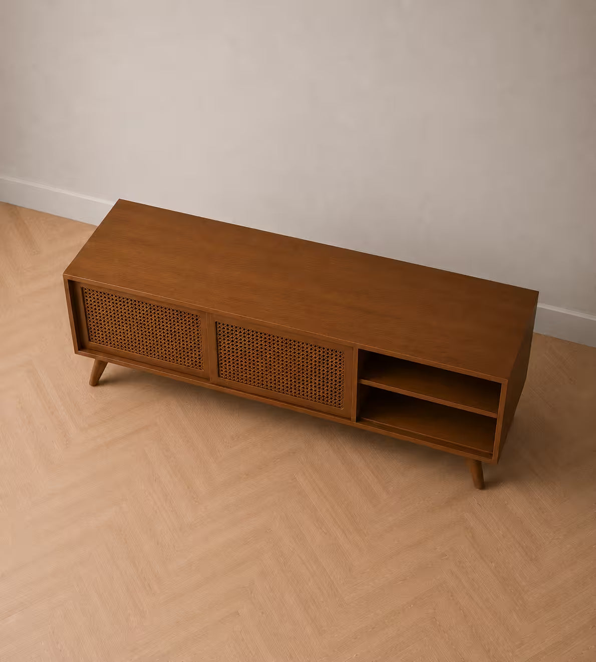 Mid-Century 59" Rattan TV Stand with Sliding Doors