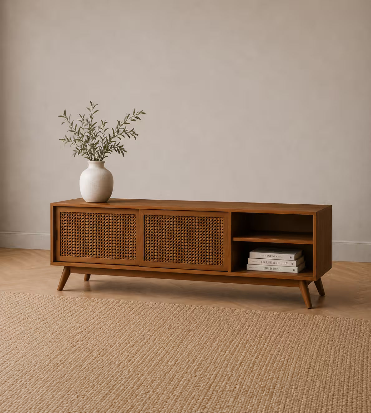 Mid-Century 59" Rattan TV Stand with Sliding Doors