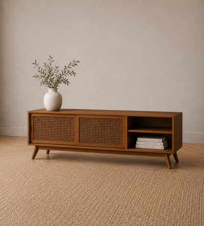 Mid-Century 59" Rattan TV Stand with Sliding Doors
