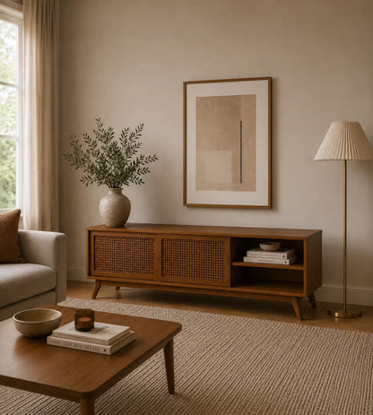 Mid-Century 59" Rattan TV Stand with Sliding Doors