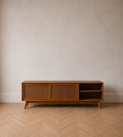 Mid-Century 59" Rattan TV Stand with Sliding Doors