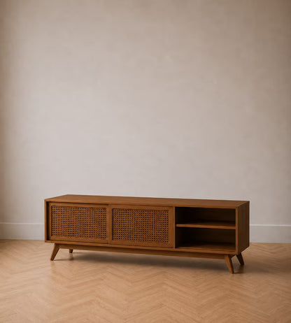 Mid-Century 59" Rattan TV Stand with Sliding Doors